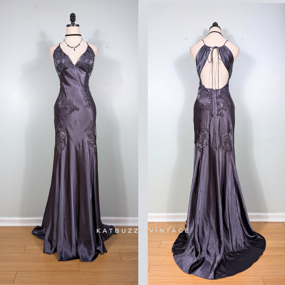 Vintage Livas Prom Dress Maxi Gown 8 Gray Satin Y2K Glam Fairy Bead Hollywood